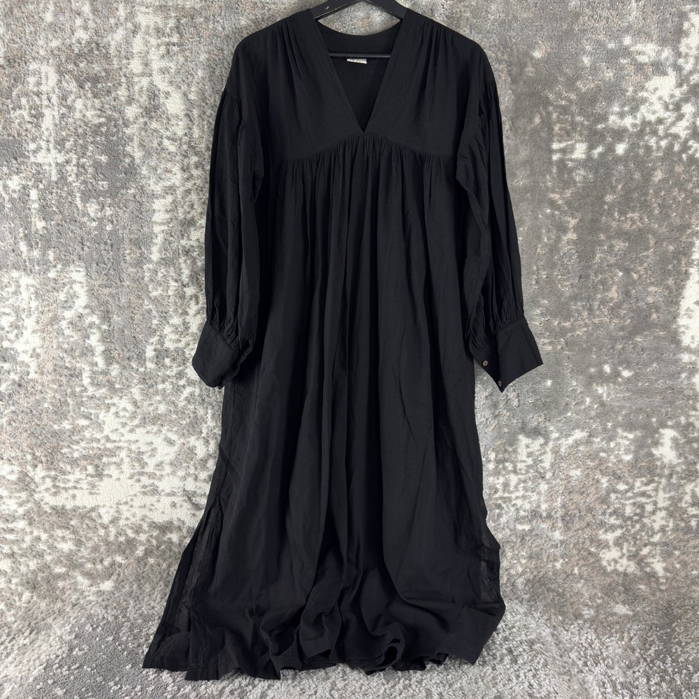 World of Crow Size S V-Neck Pleated Empire‎ Waist Maxi Dress Black Long Sleeve